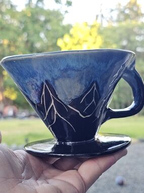 Handcrafted Blue Ceramic Pour-Over Coffee Dripper with Mountain Motif